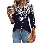 IECCP 3/4 Length Sleeve Womens Tops Dressy Casual Henley V-Neck Summer Tops Pleated T-Shirts Loose Fit Work Blouses