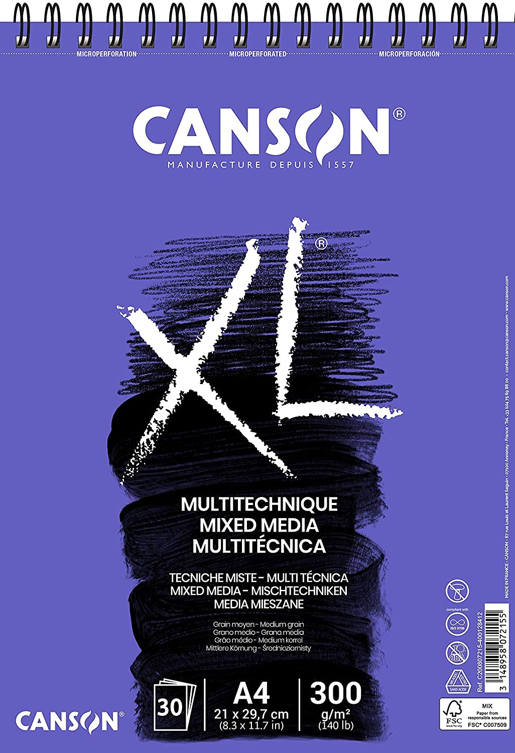 CANSON XL Textured Medium Grain 300gsm A4 Mixed Media White Paper Pad, 30 Sheets, For Professional Artists & Students