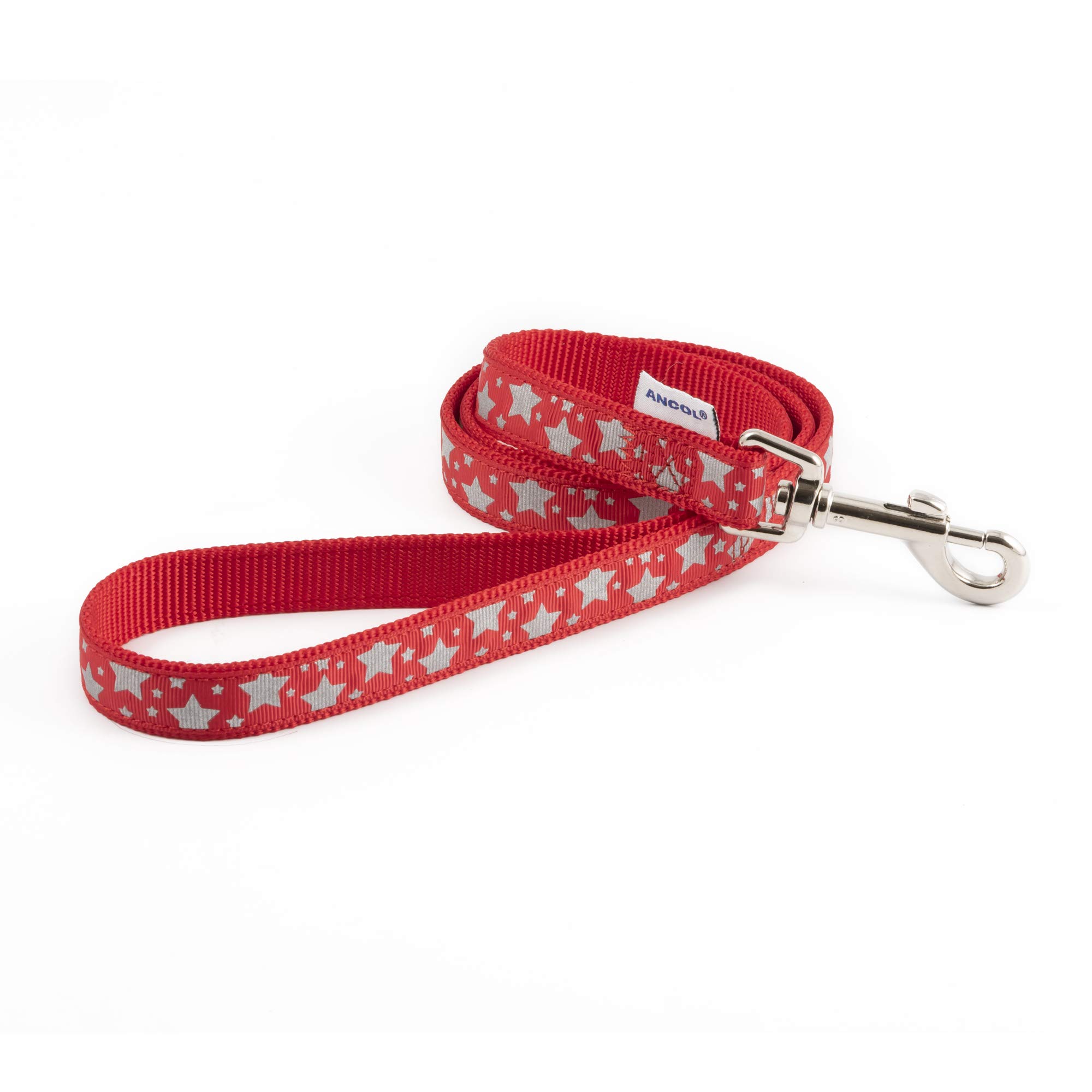Ancol Reflective Stars Dog Lead Red Nylon Webbing with Paw and Bone Pattern - Ideal for Low Light Walks - 1.9m Length