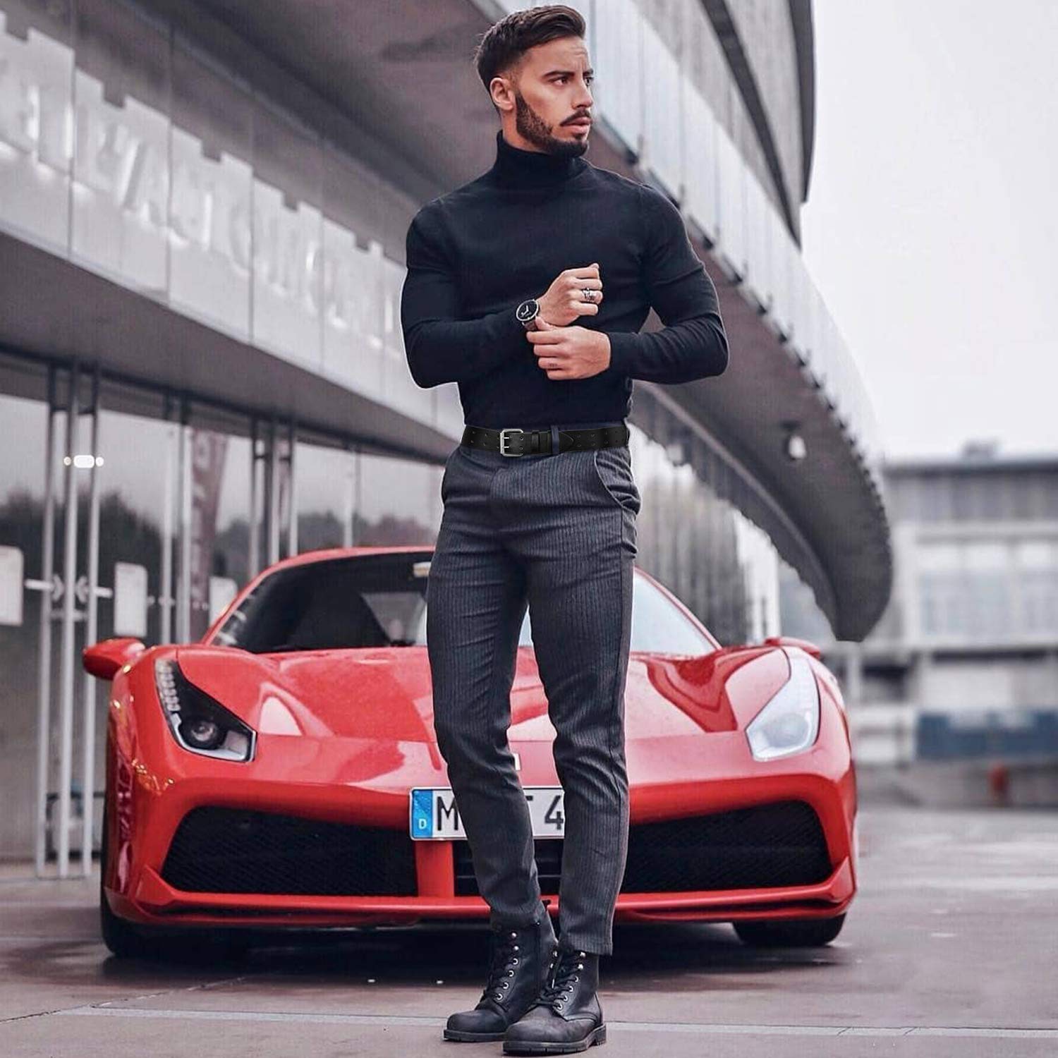 Double Prong Leather Belt Heavy Duty Belt for men, Double Grommet Holes Belt for Pants, Black, Suit for Pant Size Up to 34\