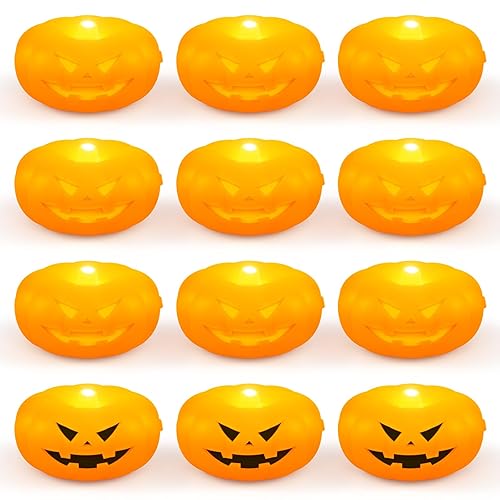 Halloween Decorations Jack-O'-Lantern, Flameless LED Waterproof Floating Candles, 12 Pack Halloween Pumpkin Lights, Water Floating Tea Lights for Swimming Pool Outdoor Indoor Decoration (12PC)