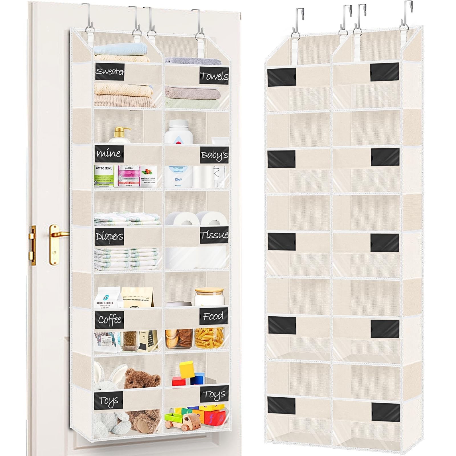 Over the Door Organizer, 5-Tier Extra Large Storage with 10 Pockets and PVC Label Pouches, 80 lbs Capacity Hanging Closet Organizer, Beige Image