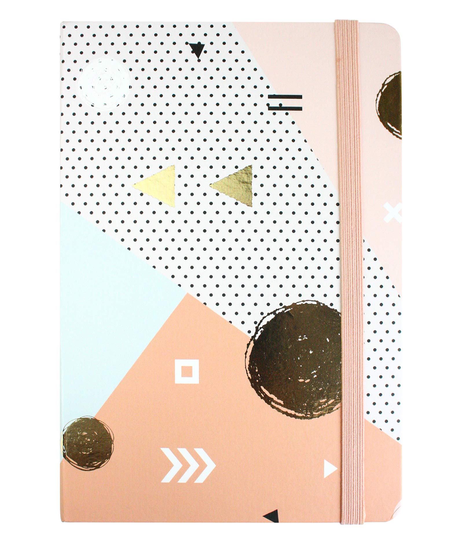 Emartbuy A5 Size Grey Gold Hardbound Notebook – 96 Sheets (192 Pages) - Geometric Gold Foil Design with Elastic Closure & Lined Pages for School & Office