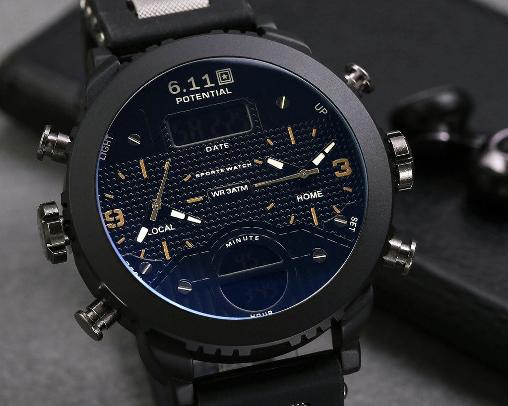 JSDDE hommes montre-Bracelet chronographe LCD Digital + Dual mouvement quartz Calendrier 3 Time Zone 3ATM montre multifonction(NO.QY24-11)