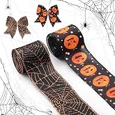2 Rolls Halloween Fabric Ribbons Halloween Burlap Linen Ribbons Black Gold Spider Web Pumpkin Face Dot Edge Wired Decor Ribbons for Halloween Party Decoration Gift Wrapping Crafts Supplies 5 Yards