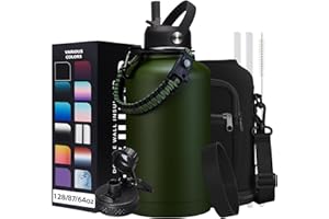 DIGJUPER 64oz Insulated Water Bottle with Straw & Auto Spout Lid - (Cold 48H & Hot 24H) Half Gallon Stainless Steel Water Jug with Paracord Handle, Metal Tactical Military Water Flask with Carrier Strap Bag