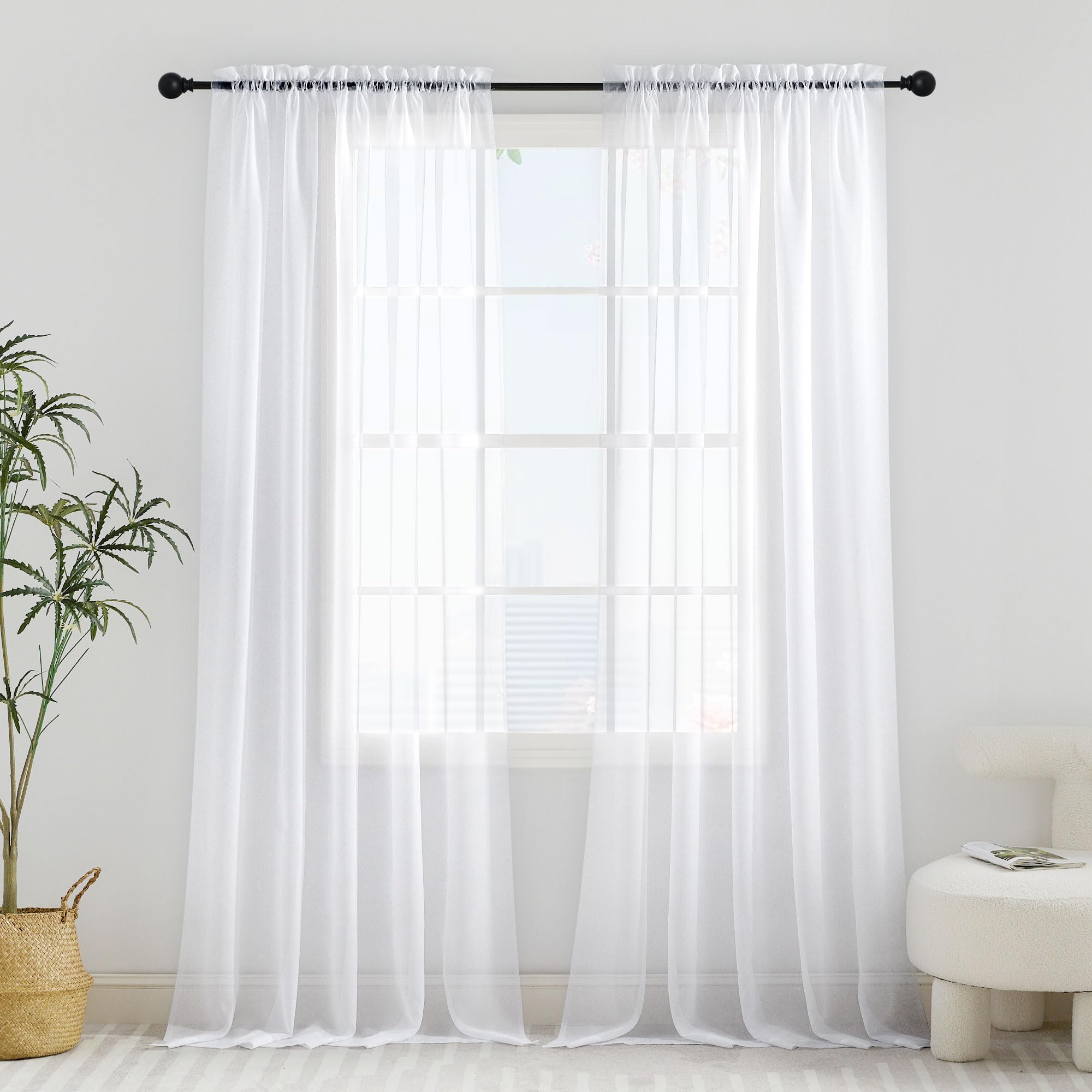 PONY DANCE White Net Curtains for Windows 95 Drop - Extra Long Slot Top Voile Curtains, Semi Transparent Sheer Panels for Living Room, 60x95 Inches (152x241cm), 2 Panels — image 1