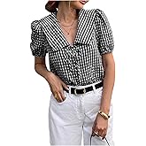 SweatyRocks Women's Lapel Collar Plaid Print Blouse Puff Sleeve Tie Front Button Down Shirts