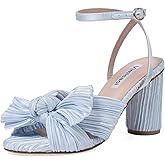 VIMISAOI Women's Bow Knot Heeled Sandals Open Toe High Block Chunky Heels Ankle Buckle Strap Pleated Bride Wedding Party Dress Shoes