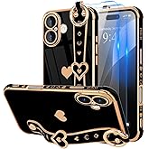 LLZ.COQUE Compatible with iPhone 16 Plus Case with Strap for Women Girls [2× Screen Protectors], Cute Love-Hearts, Wristband Kickstand Luxury Plating Edge Protective Phone Case (6.7") - Black