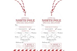 KINGLAKE Santa Gift Tags, 50 Pcs Wrapping Tags with Red White String for Kid Adult Xmas Gift Present