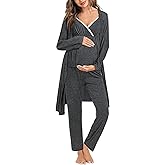 SWOMOG Maternity Nursing Robe Set 3 Piece Breastfeeding Pajamas 3 in 1 Labor Delivery Sleevless Tops&Long Pants Pregnancy Pjs