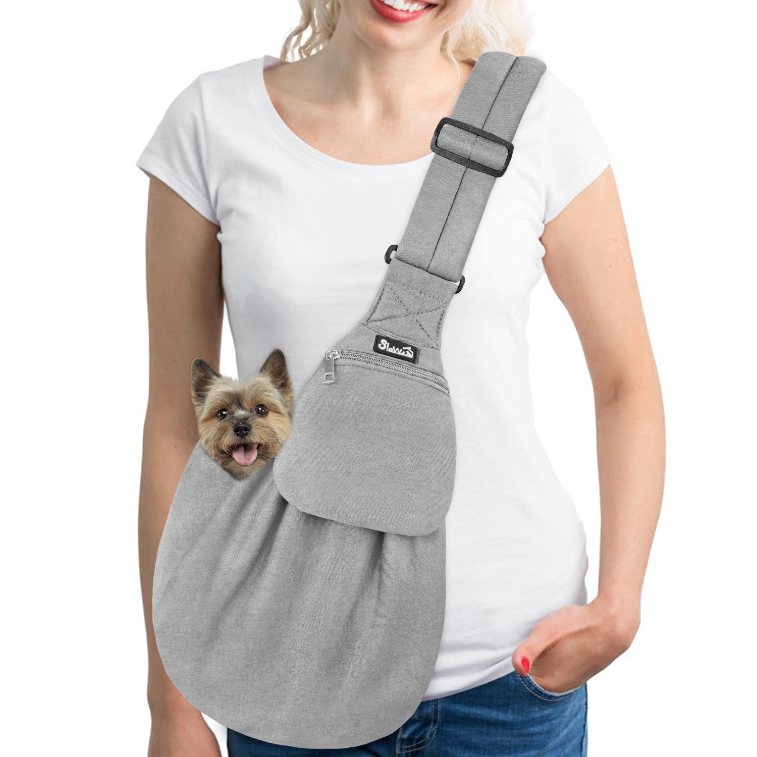 SlowTon Pet Carrier, Doggie Cat Hand Free Sling Carry Dog Papoose Carrie Adjustable Padded Shoulder Strap Tote Bag with Front Pocket Safety Belt Travel (For Pets 5-12lbs