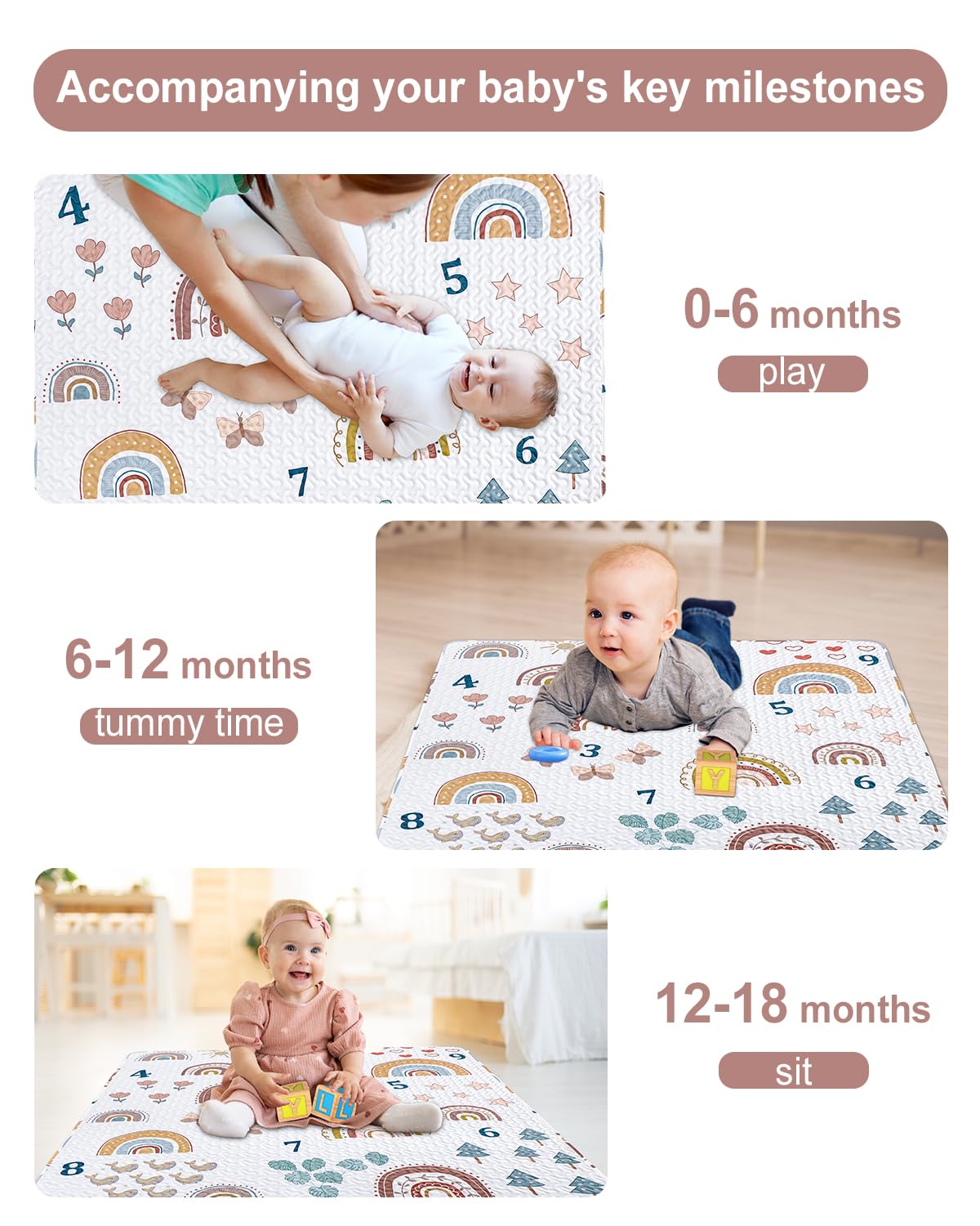 Boho Rainbow 50x50 Play Mat for Playpen, Washable Portable Baby Floor Playmat, Non Slip Foldabe Infant Crawling Mats, Tummy Time Mat Pad for Toddlers Baby Play Pen Mats for Home Or Travel