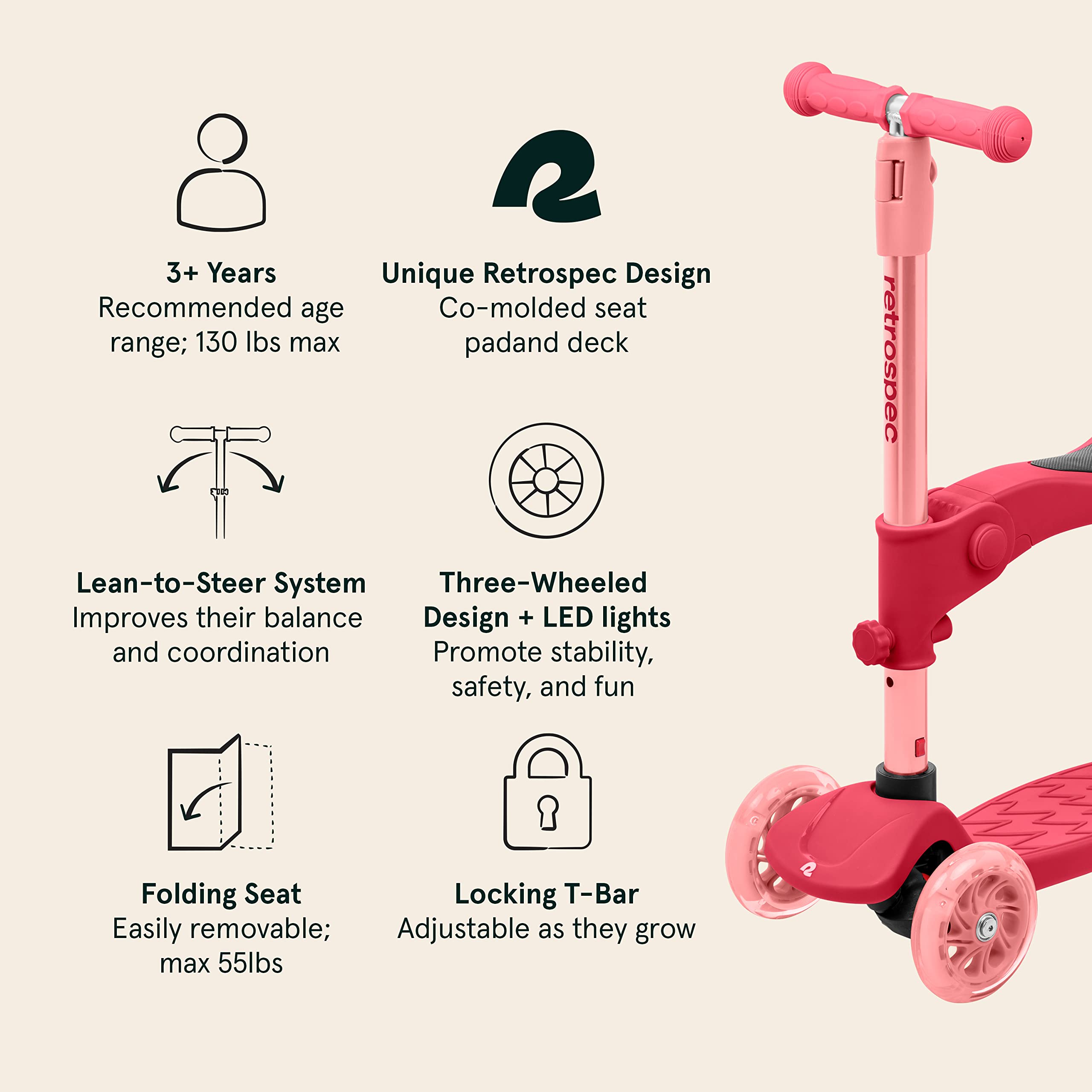 Retrospec Chipmunk Plus Kids’ Kick Scooter 3+ Years - Height Adjustable 3 Wheel Scooters - Learn to Steer, Foldable Seat, LED Lights, & No-Slip Deck