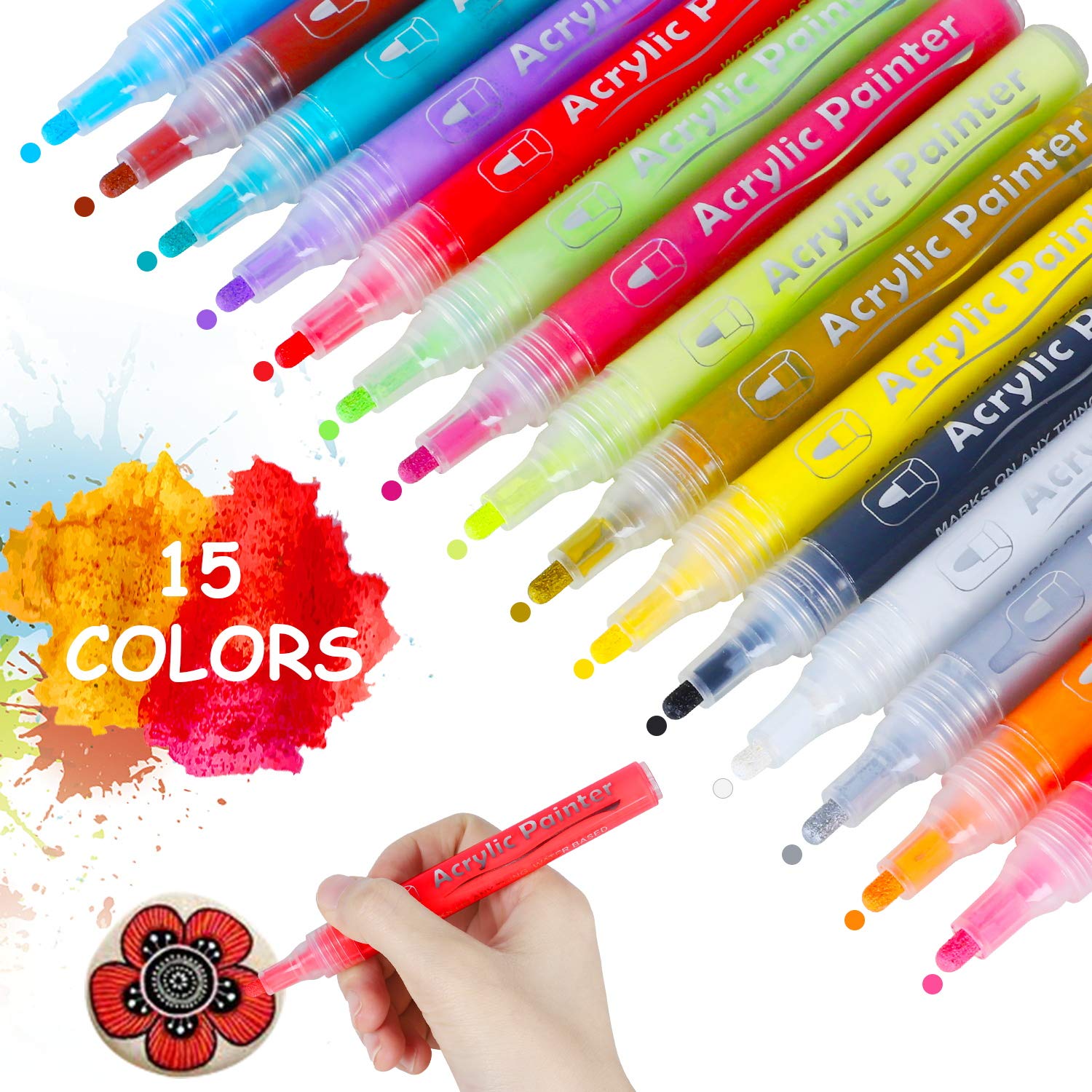 Acrylic Paint Marker Pens, Waterproof Paint Pens for Rocks Painting, Ceramic, Glass, Wood, Fabric, Canvas, Mugs, DIY Craft Making Supplies, Art School Supplies, Card Making, Set of 15 Colors