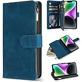 ZZXX for iPhone 14 Case Wallet with [RFID Blocking] Card Slot Premium Soft PU Leather Zipper Flip Folio with Wrist Strap Kickstand Protective Phone Cover for iPhone 14 Wallet Case(Blue-6.1 inch)