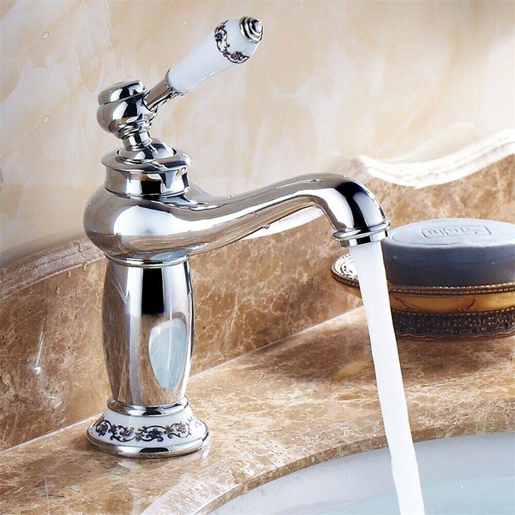 Iriisy Antique Retro Brass Mixer Tap Vintage Porcelain Basin Mixer Tap Single Lever Faucet (Silver)