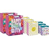 Hallmark Assorted Birthday Gift Bags (8 Bags: 3 Small 6", 3 Medium 9", 2 Large 13") Smiling Sun, Balloons, Cute Flowers and Plants