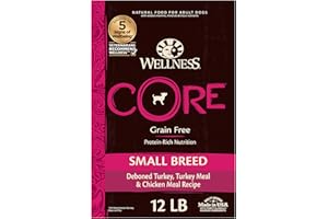 Wellness Natural Pet Food CORE Natural Grain-Free Small Breed Turkey & Chicken Dry Dog Food for Adult Dogs, High-Protein, USA-Made with Real Meat, 12-Pound Bag