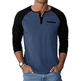Runcati Mens Henley Shirts Raglan Long Sleeve Casual T-Shirts Color Block Button Shirt Vintage Tops with Pocket