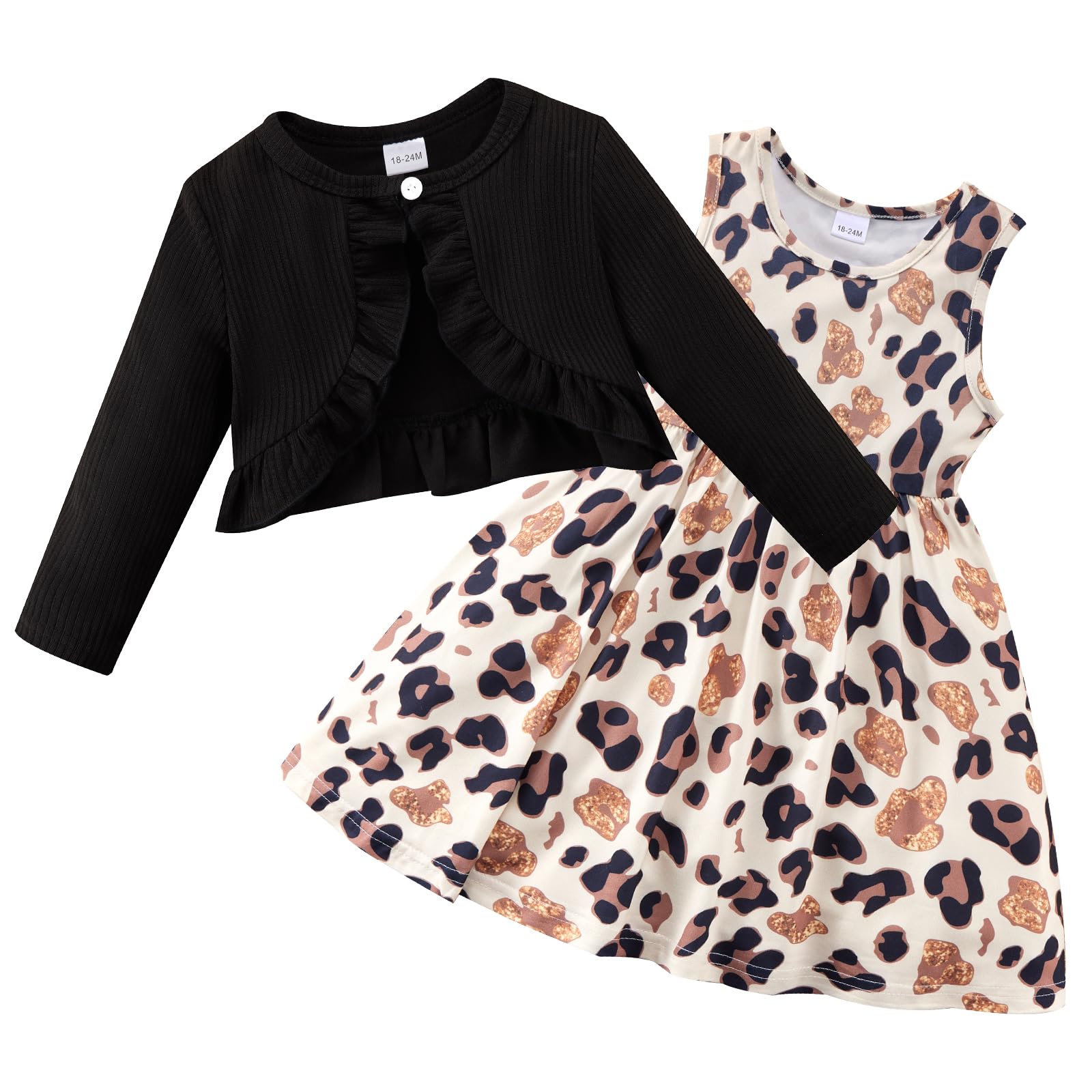Photo 1 of 18-24M Baby Girls Dress SND Cardigan Set 2pcs Leopard Print Sleeveless Dress + Long Sleeve Ruffle Ribbed Shrug Spring Outfits