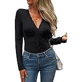 CiCiBird Women’s Sexy Lace V Neck Long Sleeve Top Slim Fit Going Out Shirt 2025 Spring Fall Fashion Tee