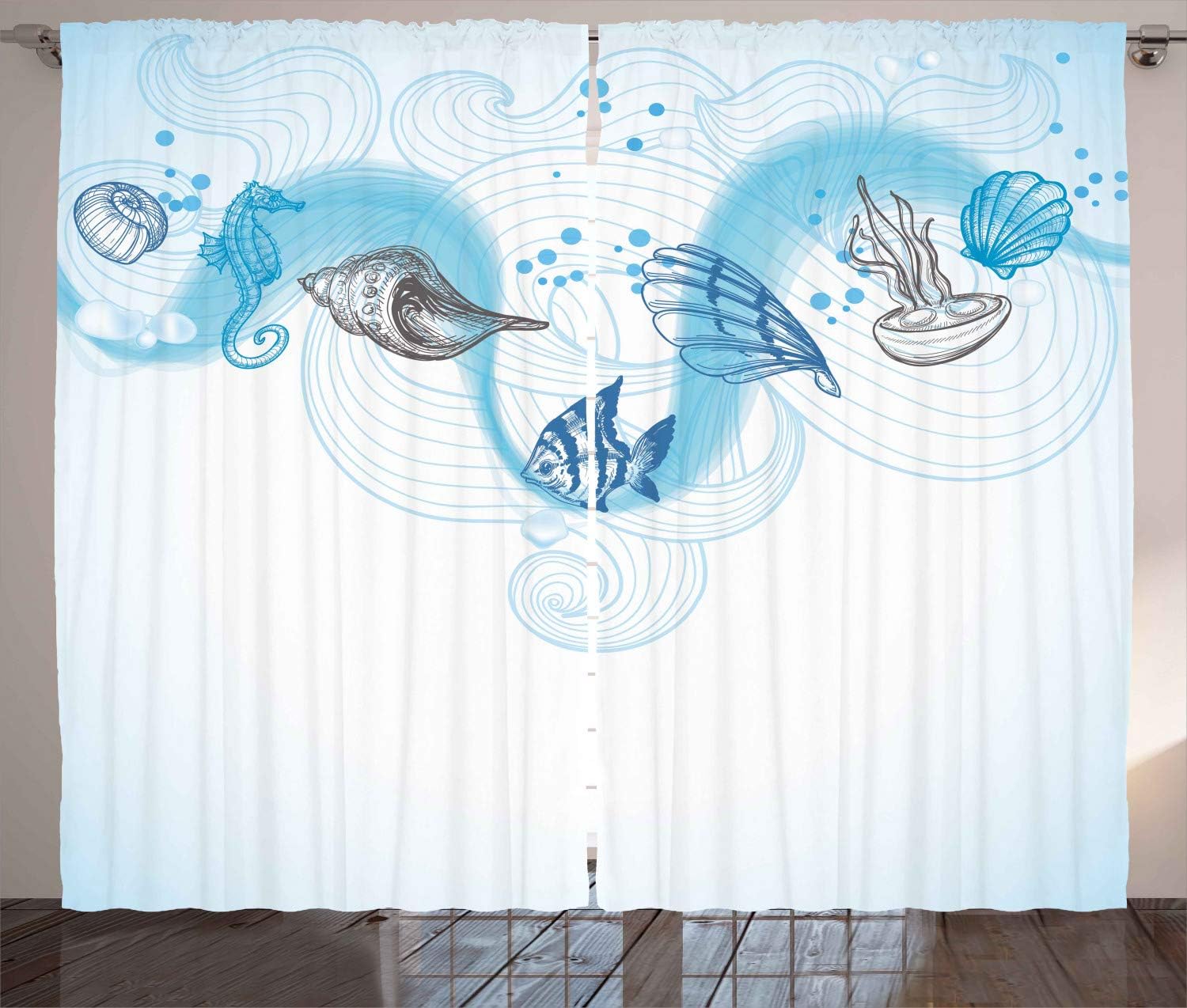 Ambesonne Nautical Curtains, Marine Theme Seashells Ocean