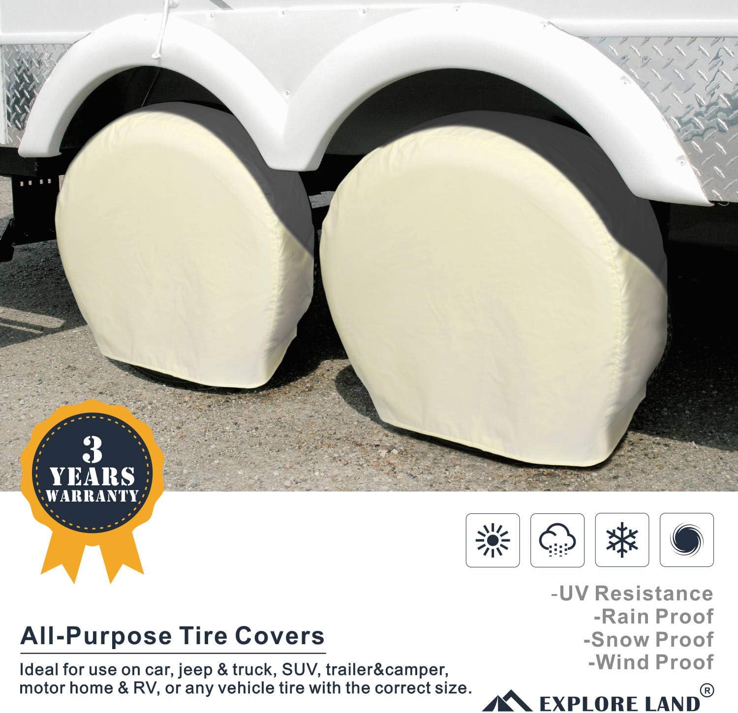Explore Land Tire Covers 4 Pack - Tough Tire Wheel Protector for Truck, SUV, Trailer, Camper, RV - Universal Fits Tire Diameters 29-31.75 inches, White: Automotive
