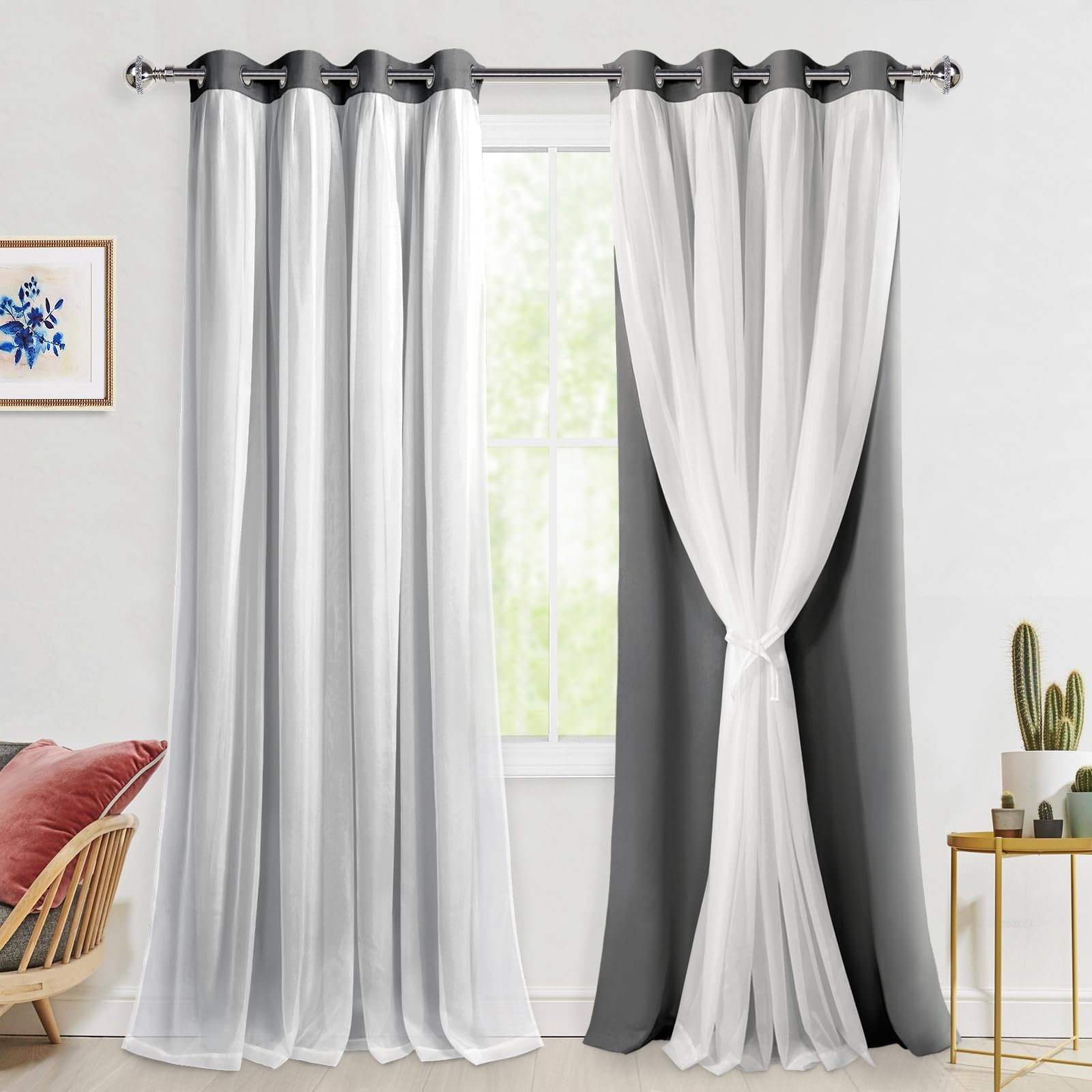 Hiasan Grey Blackout Curtains with Sheer Overlay, Double Layer Mix & Match Thermal Insulated Room Darkening Curtains for Bedroom, Living Room, 2 Window Curtain Panels with Tiebacks, 52W X 120L Image