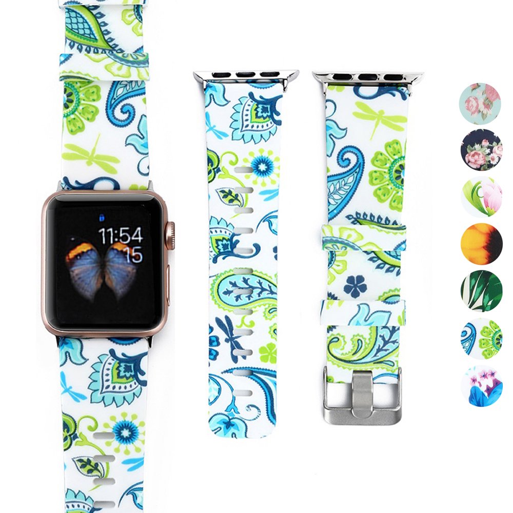 DEALELE Strap Compatible with iWatch 38mm 42mm 40mm 44mm, Printed Pattern Silicone Strap Replacement for Apple Watch Series 6/5 / 4/3 Women Men, Flower green, 42/44mm