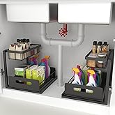 Under Sink Organizer 2 Pack, 2 Tier Rustproof Under Cabinet Storage, Sliding Kitchen Sink Organizer for Kitchen Bathroom