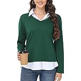 Kaleforneo Womens Sweaters Fall Fashion 2025 V Neck Long Sleeve Collared Shirts Office Business Lightweight 2 in 1 Tops