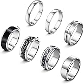 sailimue 7Pcs Stainless Steel Rings for Men Women 14K Gold Plated Fidget Rings Set Cool Spinner Chain Ring Anxiety Relief Simple Men's Engagement Promise Wedding Band Size 7-13