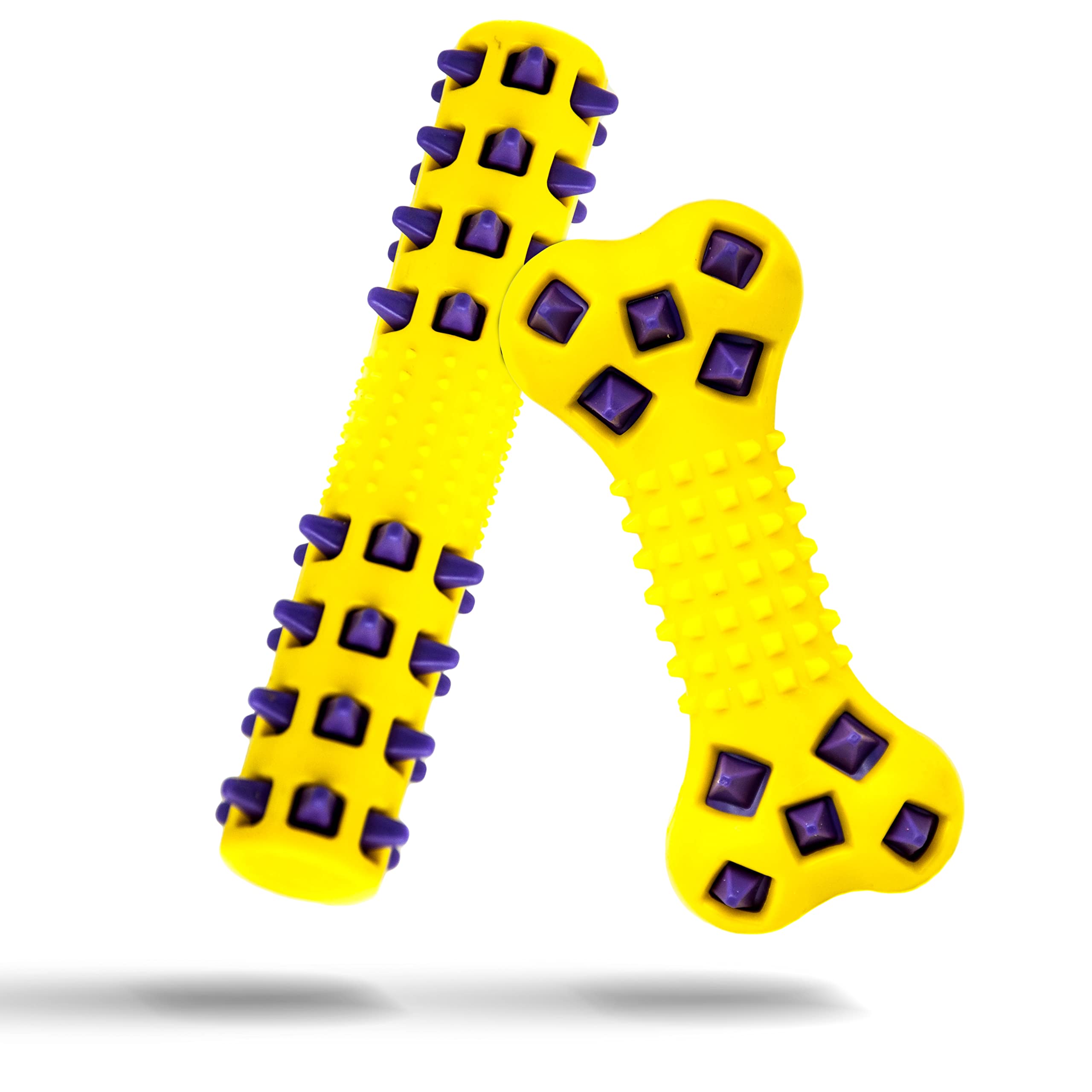 Petopedia 2 X SPIKE Dog Chew Toys for Dogs Bone SQUEAKY Strong Dogs Toys Tough Dog Teething Toys DOUBLE LAYERED Interactive Dog Toys for Boredom Dog Balls (Yellow (Purple Spike), Bone & Stick)