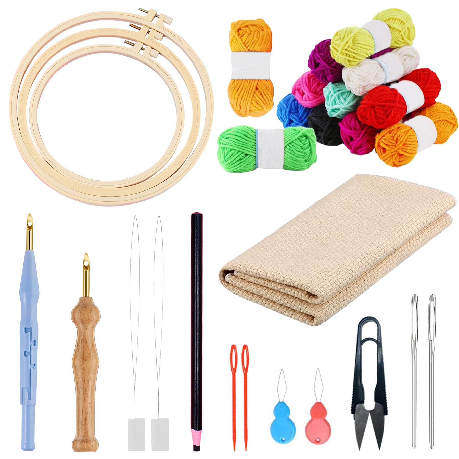 Allazone 17 PCS Punch Needle Embroidery Kit, 3 PCS Plastic Hoops with 3 PCS Cloth, 12 Color Yarn, Punch Needle, Big Eye Needles, Needle Threaders