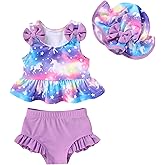 Happy Town Toddler Swimsuit Baby Girl Bathing Suit Sleeveless Bow Floral Bikini Top Ruffle Shorts with Hat Beach Swim Wear