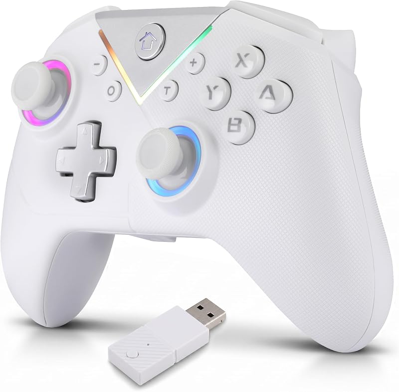 Mando Inalámbrico Bluetooth para PC - Compatible con Switch/Smartphone Android y iOS, 2 Botones Macro, Vibración Dual, 6 Ejes, Luces LED, Color Negro (Blanco)