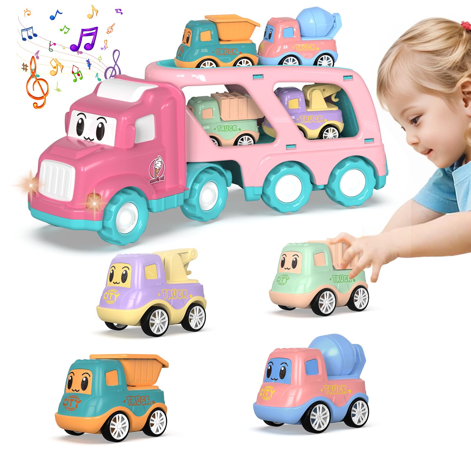 SHAWE 5-In-1 Transport Carrier Truck Toys for 2 3 4 5 Year Old Girls Boys With Sound & Light, Pull Back Construction Vehicle Toddlers Toys Cars 2+ Year Old Gifts for Age 2 3 4 5
