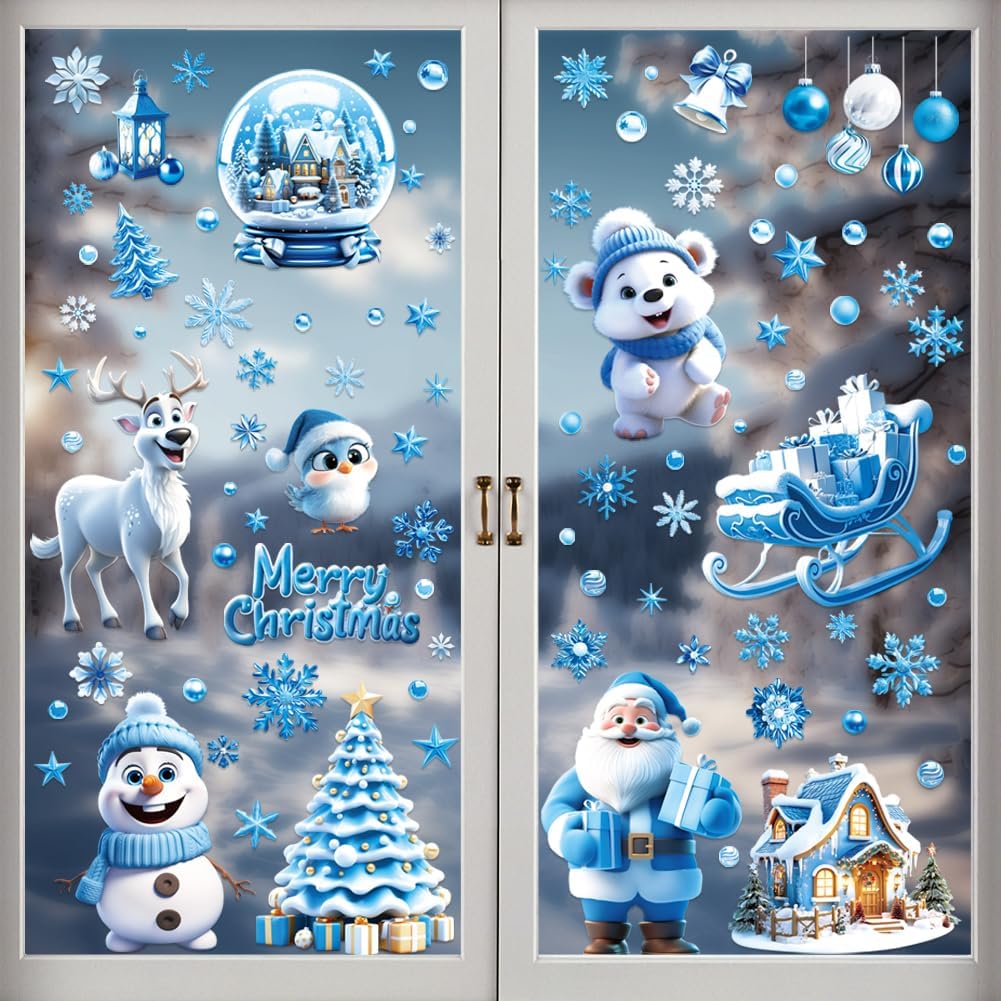 Blue Christmas Window Stickers - 9 Sheets Double Side Window Cling Xmas Scene Stickers for Christmas Window Decorations
