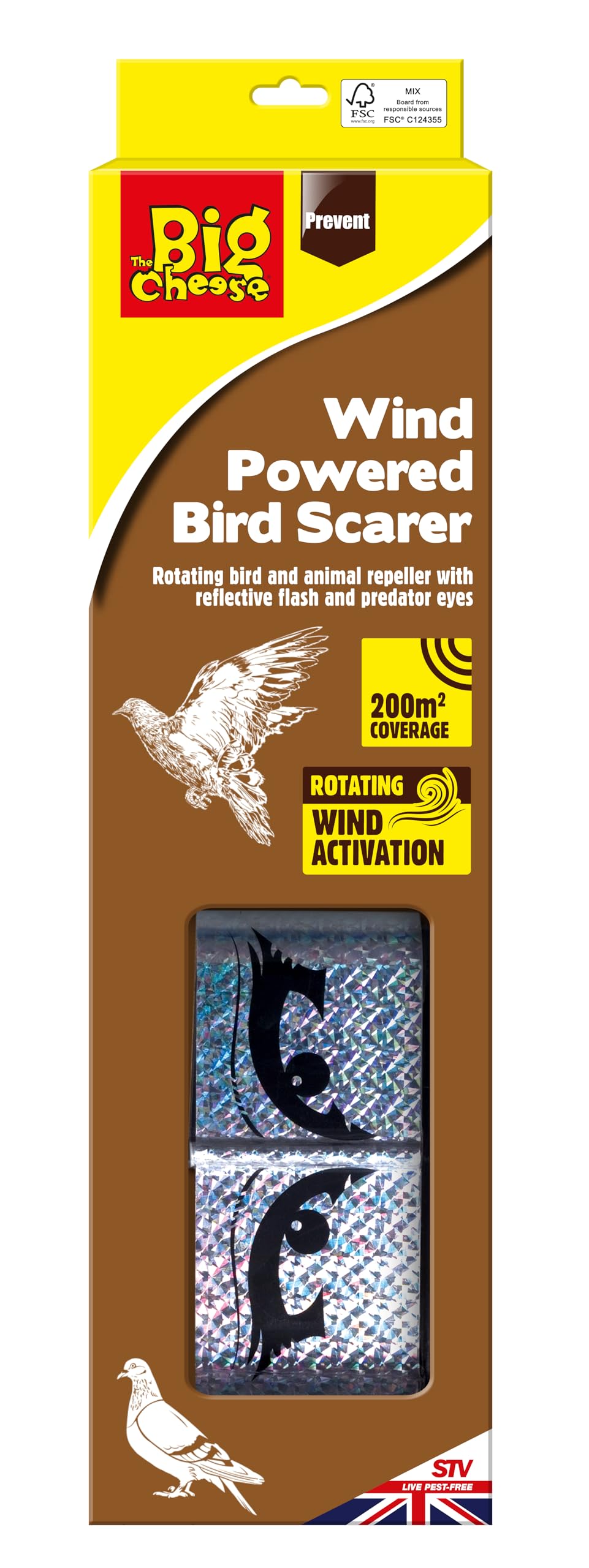 The Big Cheese Wind Powered Bird Scarer, Wind Activated Bird and Animal Deterrent, Iridescent Silver, Reflective Eyes. Protect Crops, Vegetable Patches, Lawns. Deter Pigeons, Crows, and Gulls