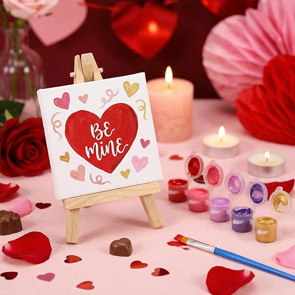 AMAZINGSPARK 48 PCS PAINTING PARTY CHRISTMAS FAVORS INCLUDES CANVAS & EASEL KIT AND APRONS, PALETTES, CUPS, BRUSHES, PAINTS AND FELT TABLE MAT PARTY VIBRANT ART SUPPLIES FOR PAINTING