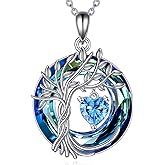 POPLYKE Tree of Life Necklace 925 Sterling Silver Birthstone Pendant Necklaces with Crystal Anniversary Birthday Wedding Jewelry for Mom Her Wife Sister