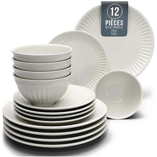 12-Piece Dinnerware Set - Bowl and Plate Set - Stoneware Dining Set for 4 People - Dishwasher and Microwave Safe - Grooved Dining Service in Beige