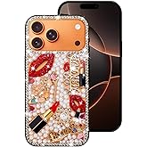 Erolagomat Bling Case for iPhone 17 Pro Max,Shiny Luxury Designer Phone Case with Glitter Sparkle Diamond Crystal Rhinestone Lips Lipstick Pearl Flowers High Heels，Soft Bumper Cover for Women Girl