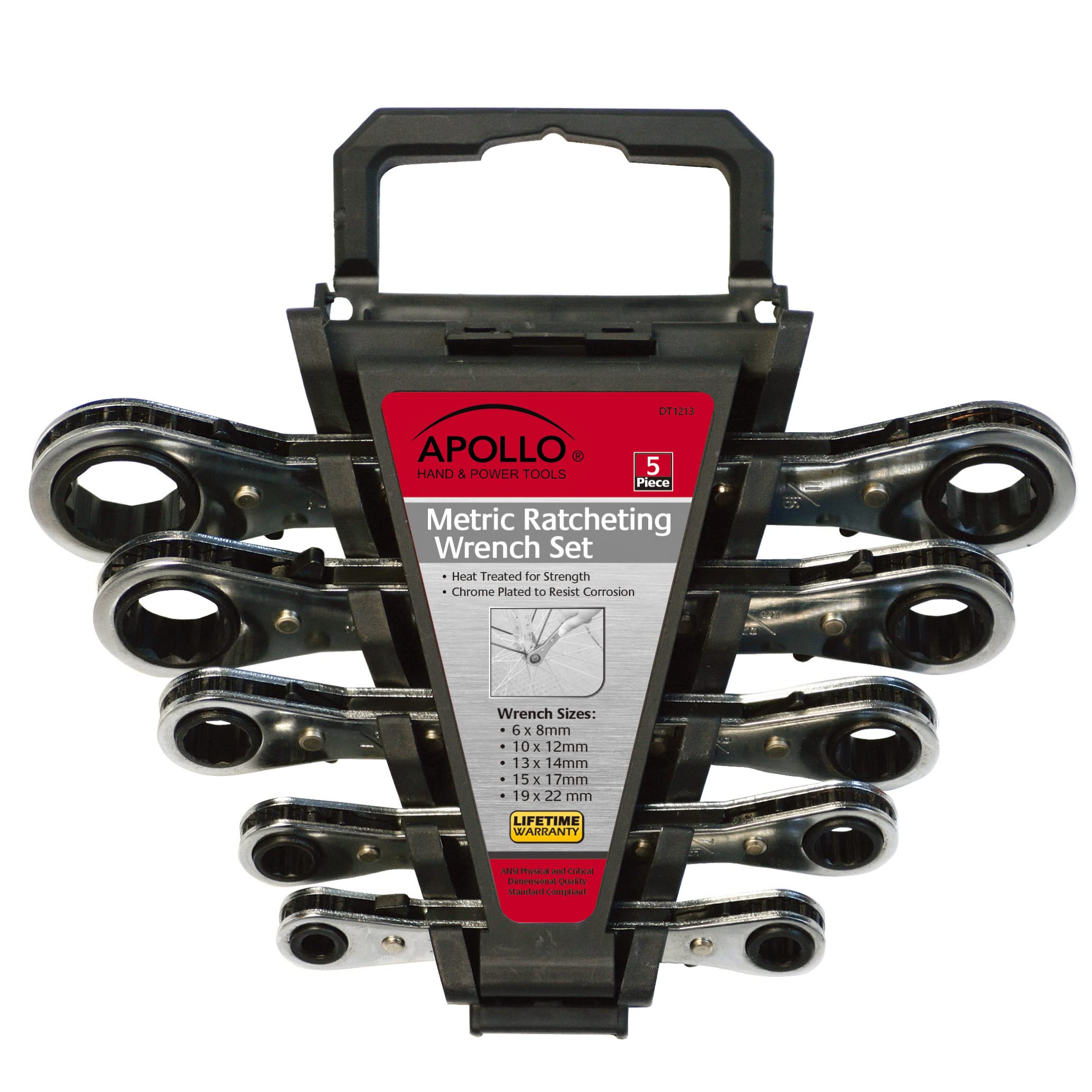 Apollo Tools 5 Piece Metric Steel Ratcheting Wrench Set Includes 5 Ratcheting Wrenches in Quick Release Case for Trunk, Garage and on The Road - DT1213