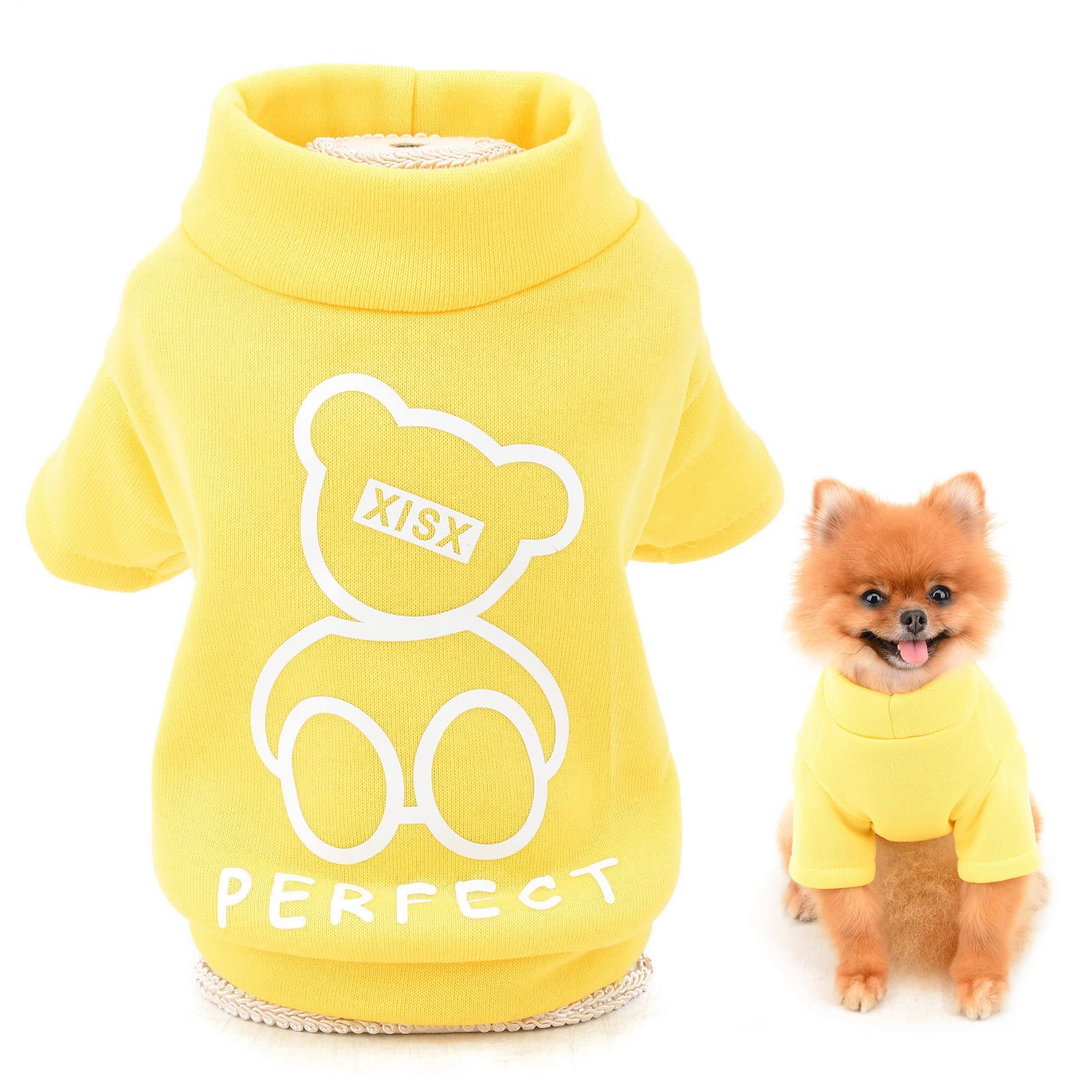 SMALLLEE_LUCKY_STORE Cute Cartoon Puppy Fleece Sweatshirt Pullover Jumper Sweater for Small Medium Dogs Cat Boy Girl Yorkie Chihuahua Kitten Warm Autumn Winter Clothes,Yellow,L