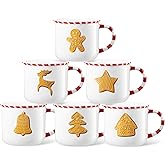 Vesici 6 Pcs Christmas Mugs Set 10 oz Xmas Ceramic Coffee Mug Candy Cane Handle Hot Cocoa Mug Gift for Hot Chocolate Coffee Holiday Mornings Winter Holiday Family Gift(Gingerbread House)