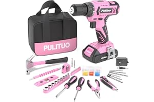 PULITUO 20V Pink Cordless Lithium-ion Drill Driver and Home Tool Set, Household Tools Set with DIY Drill Driver for Women, Home Hand Repair Basic Toolbox Tools Sets Drills Case.