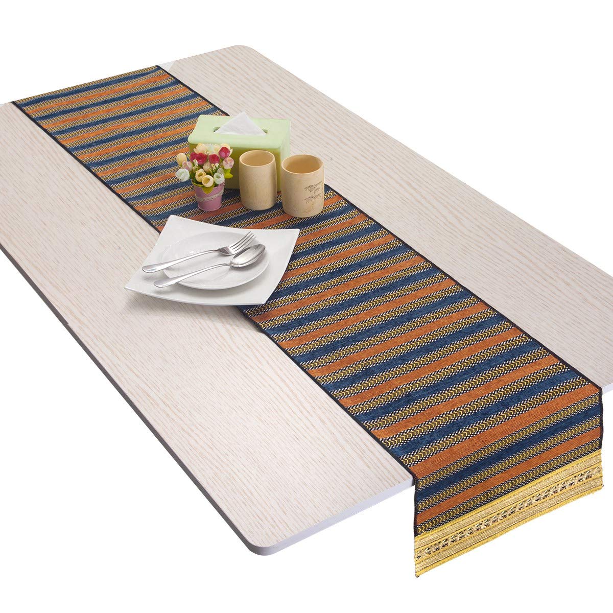 Nupuyai Vintage Stripe Table Runner for Home Coffee Table,European Knitted Wedding Party Decoration 34x157cm Orange/Dark Blue